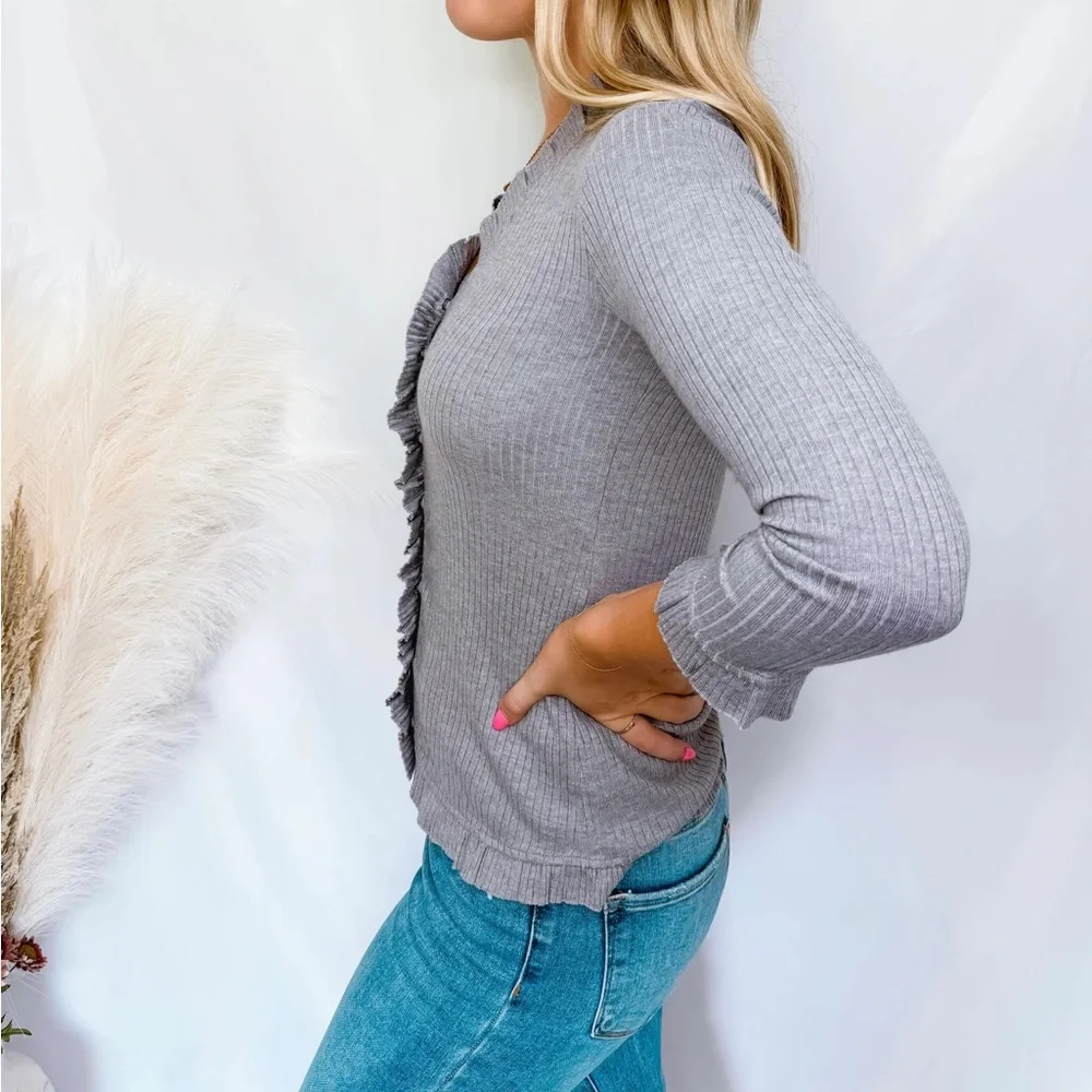 Doe & Rae Gray Ribbed Cardigan with Ruffle Trim - Picture 3 of 4